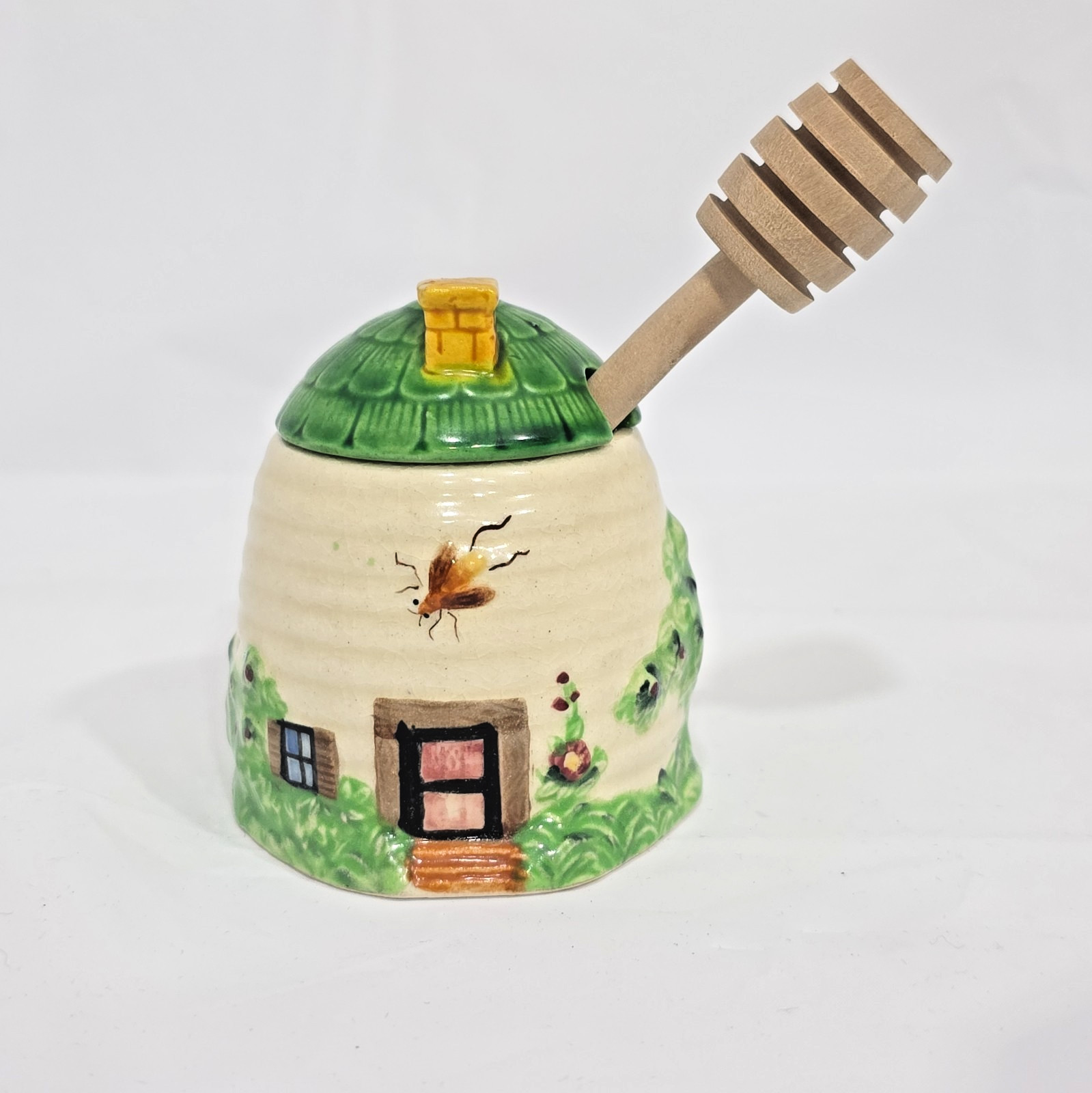 Vintage Occupied Japan Circle T Ceramic Beehive Honey Pot Jar Green Lid Dipper Vintage Occupied Japan Circle T Ceramic Beehive Honey Pot Jar Green Lid Dipper