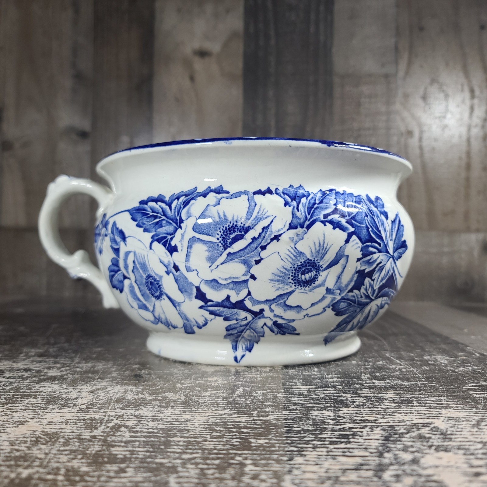 W. Adams England Christmas Roses Blue Transferware Chamber Pot Floral 8”