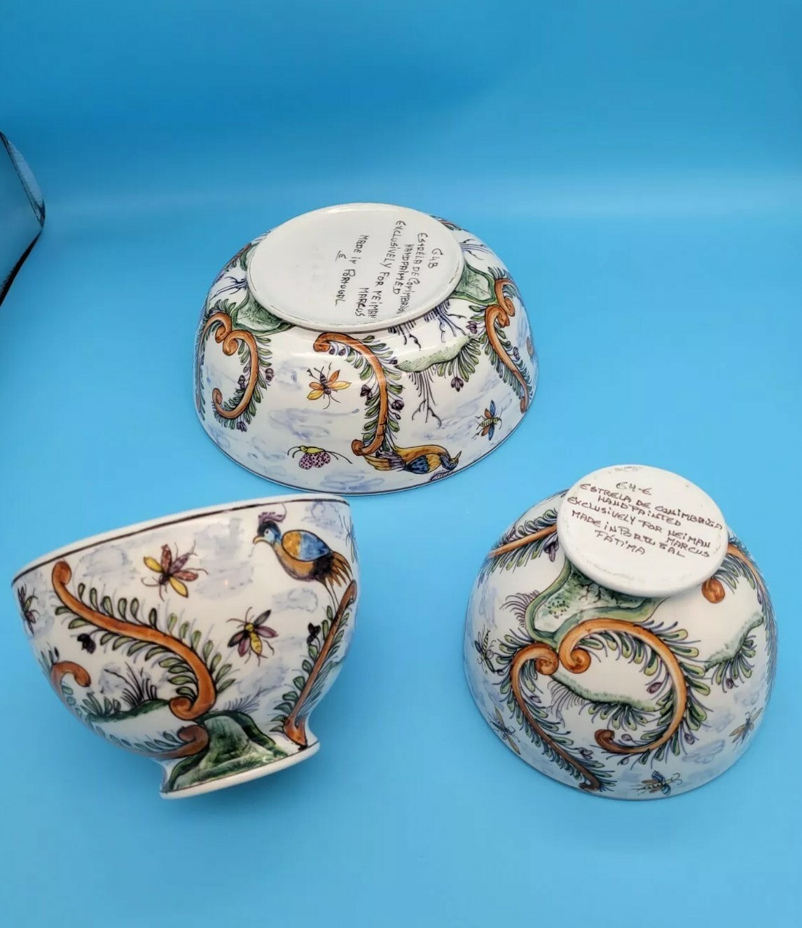 Vintage Rare Neiman Marcus Hand Painted Bowls By Pintado A Mao Portugal Peacock