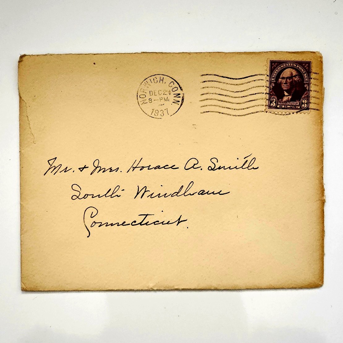 1937 Vintage Christmas Card Dogs Handwritten Letter Envelope Ephemera
