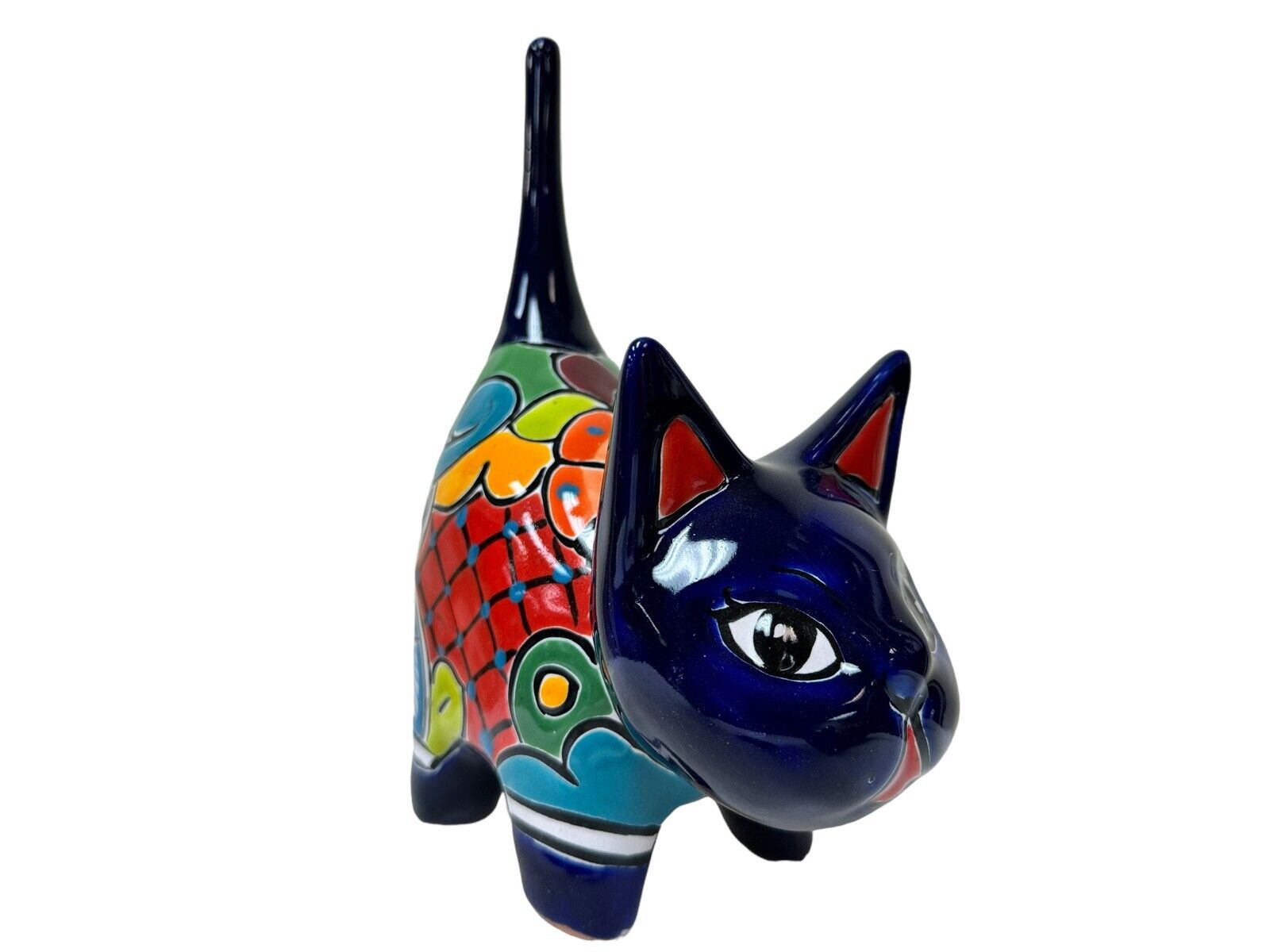 Talavera Cat Sculpture Cute Mexican Pottery Folk Art Home Decor 10.25\