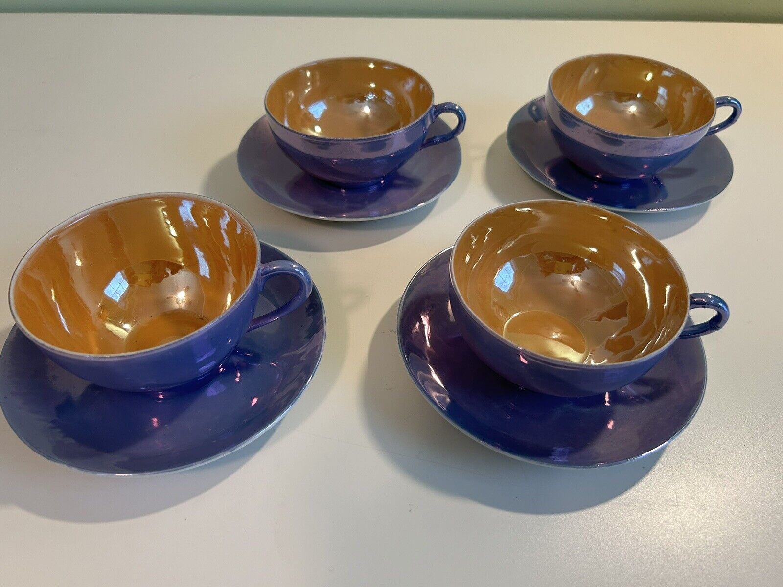 Vintage Japanese Lusterware, 4pc Set, Hand Painted Peach and Blue