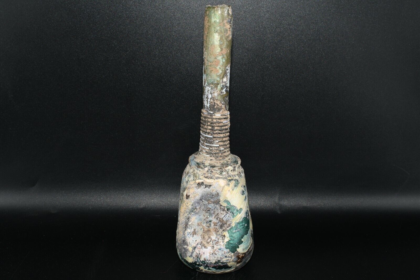 Genuine Ancient Roman Glass Bottle with Long spout & Iridescent Patina 