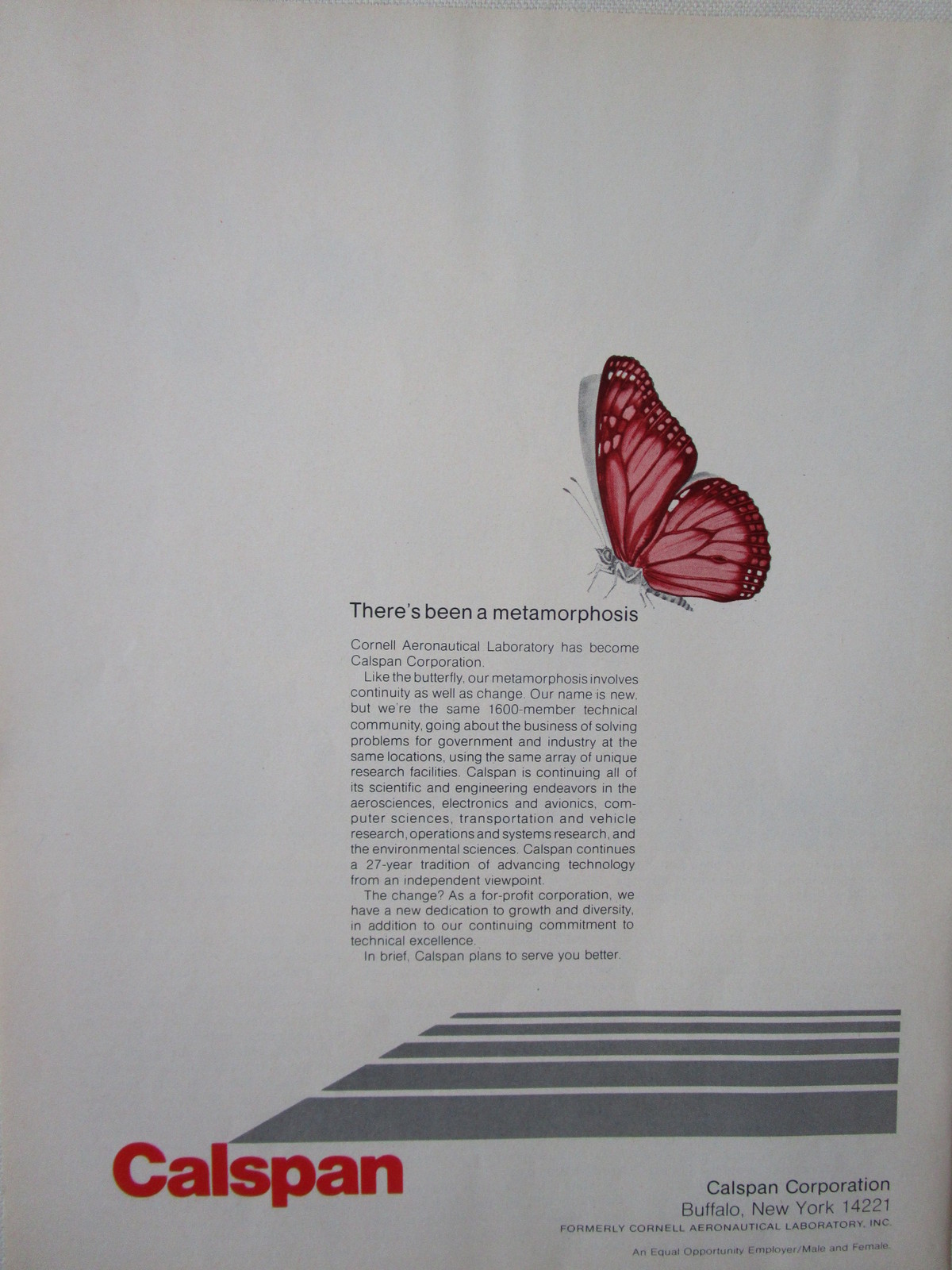 1/1973 PUB CALSPAN BUFFALO CORNELL AERONAUTICAL LABORATORY BUTTERFLY ORIGINAL AD 1/1973 PUB CALSPAN BUFFALO CORNELL AERONAUTICAL LABORATORY BUTTERFLY ORIGINAL AD