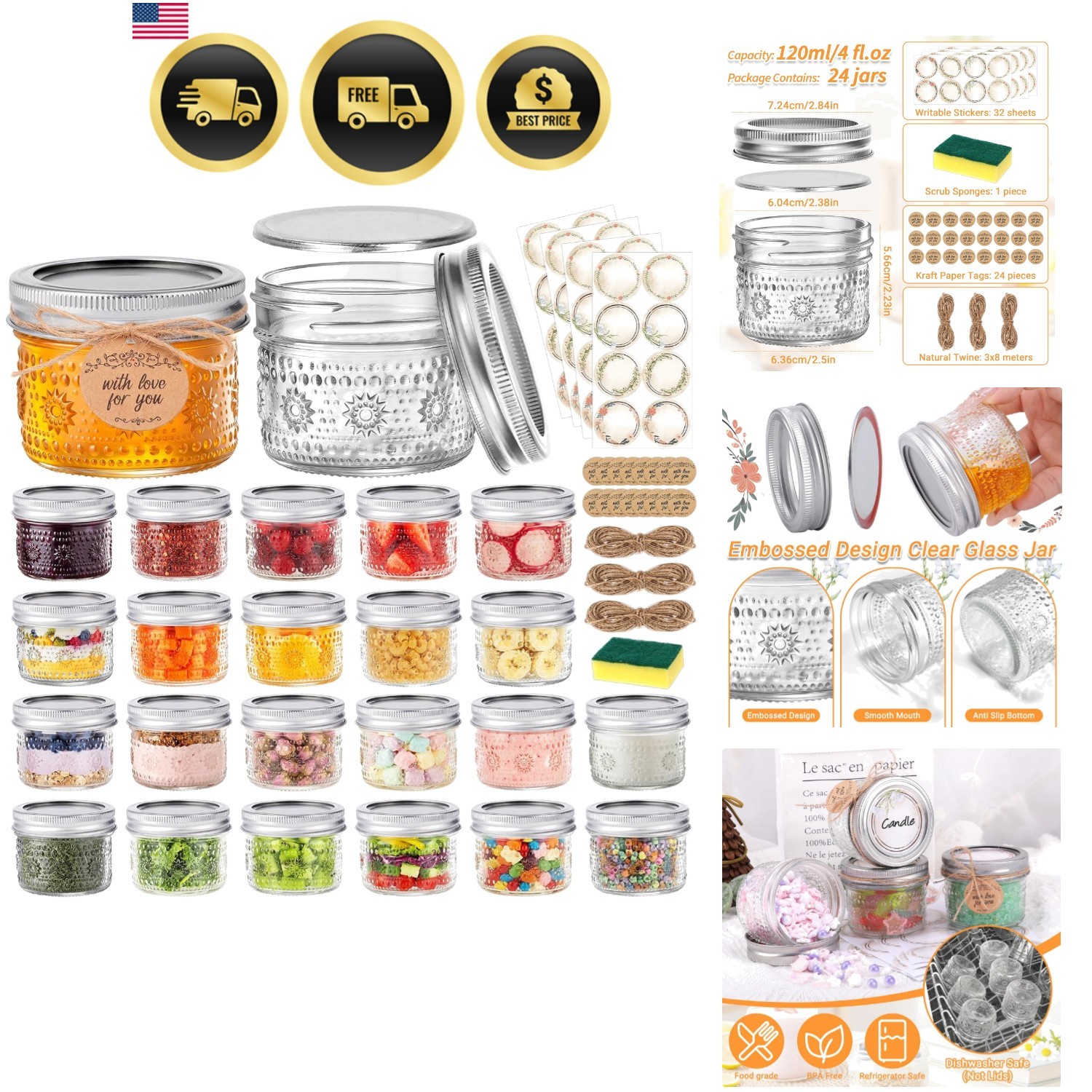 4 oz Small Embossed Mason Jars 24-Pack with Airtight Lids, Leakproof
