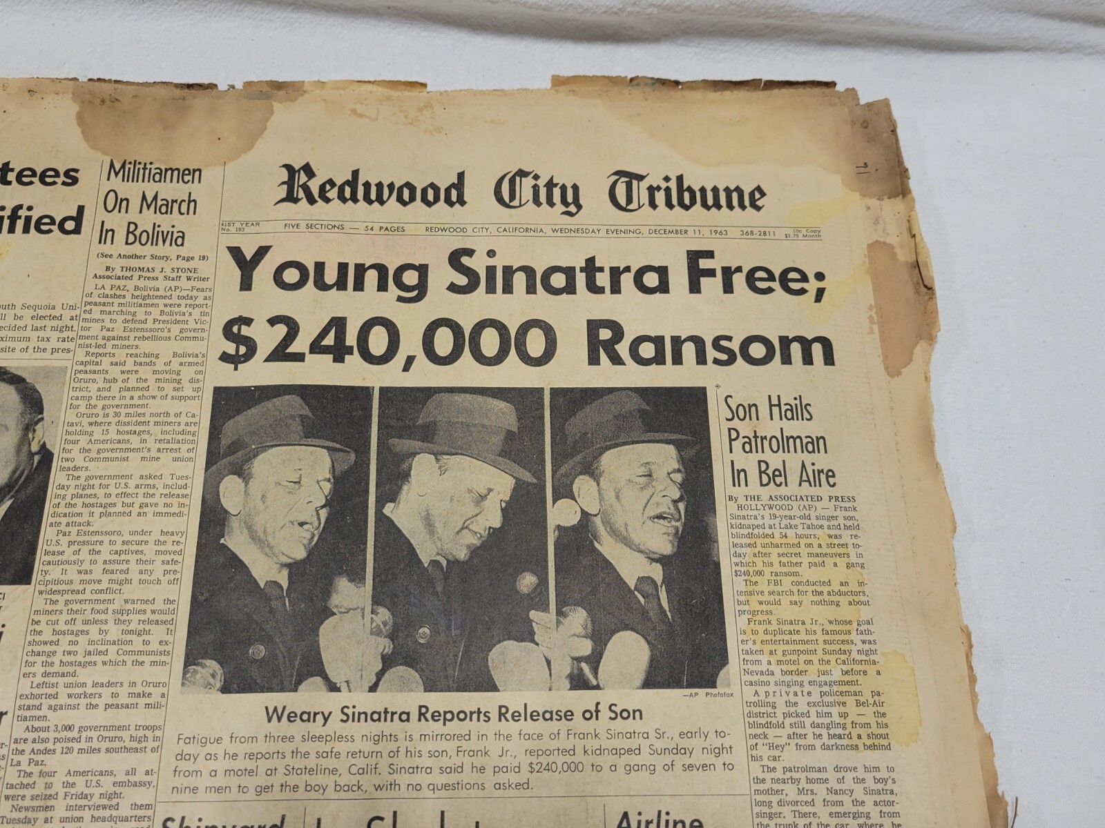 Vintage 1963 Frank Sinatra Jr Ransom Redwood City Tribune Newspaper California