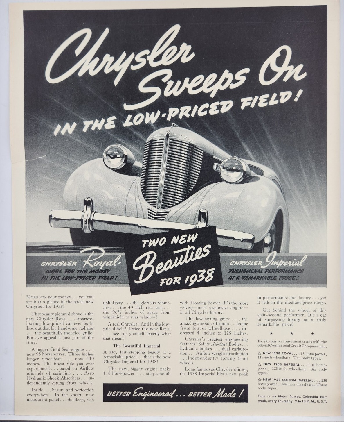 1938 Chrysler Royal Imperial Original Print Ad Life Magazine 30\'s
