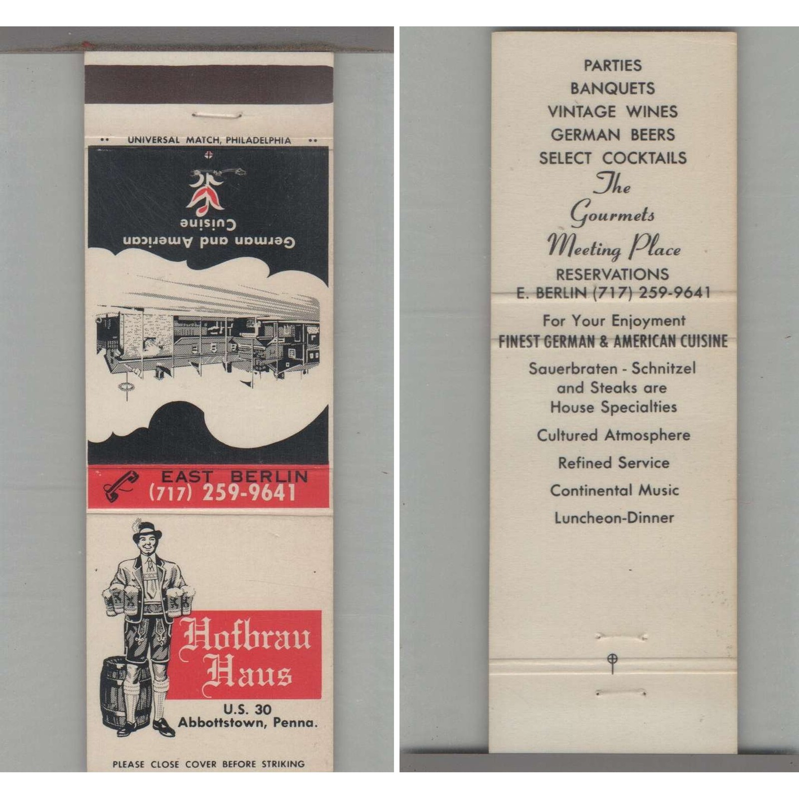 Matchbook Cover Hofbrau Haus Abbottstown PA