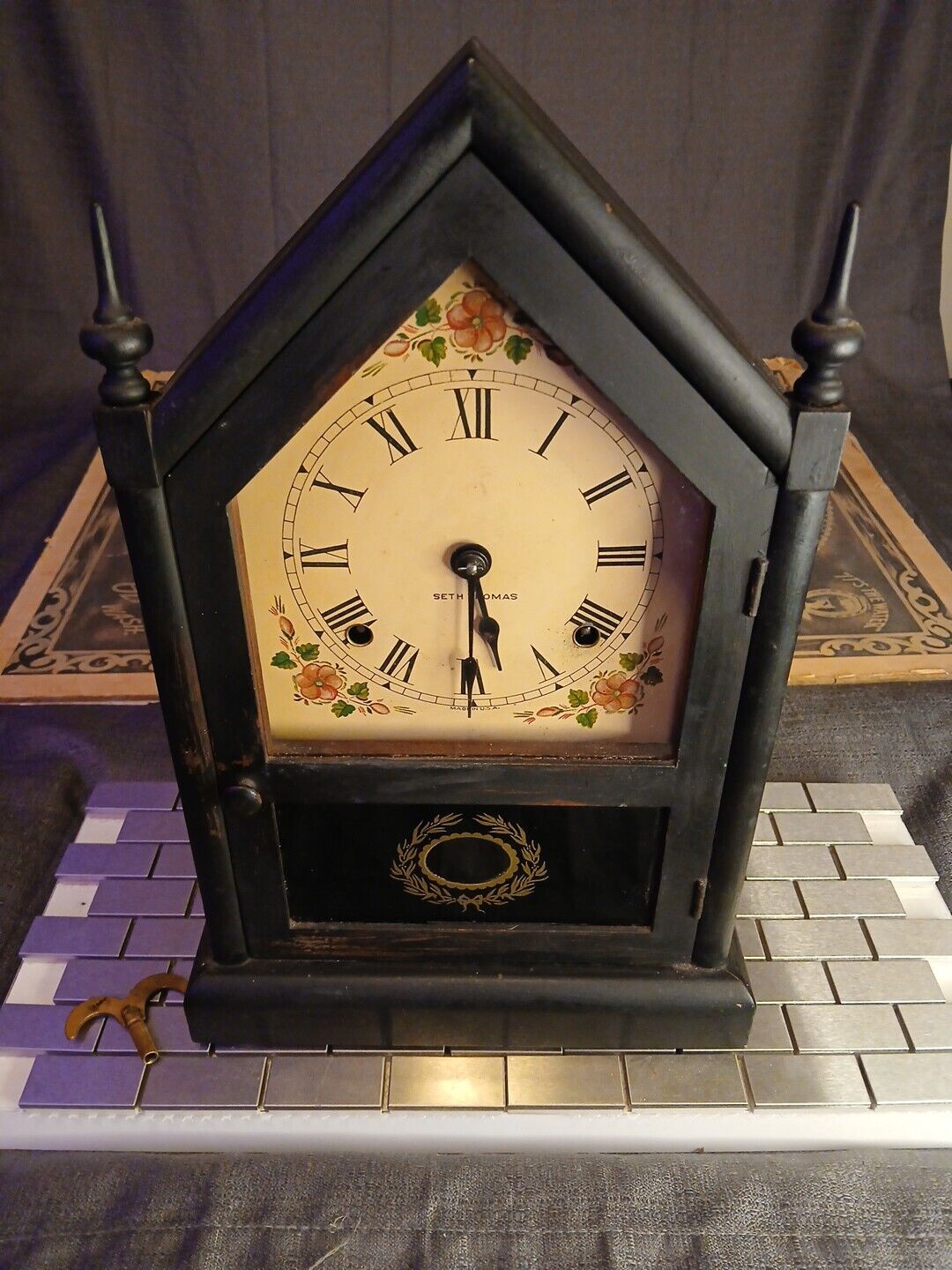 Seth Thomas 8 Day Steeple clock “working condition” Gothic Staind Black 