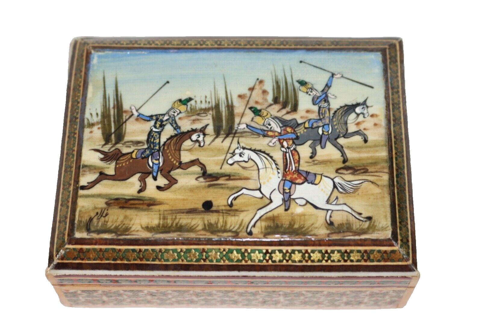 Vintage Persian Khatam Inlaid Hand Painted Micro Mosaic Marquetry Jewelry Box