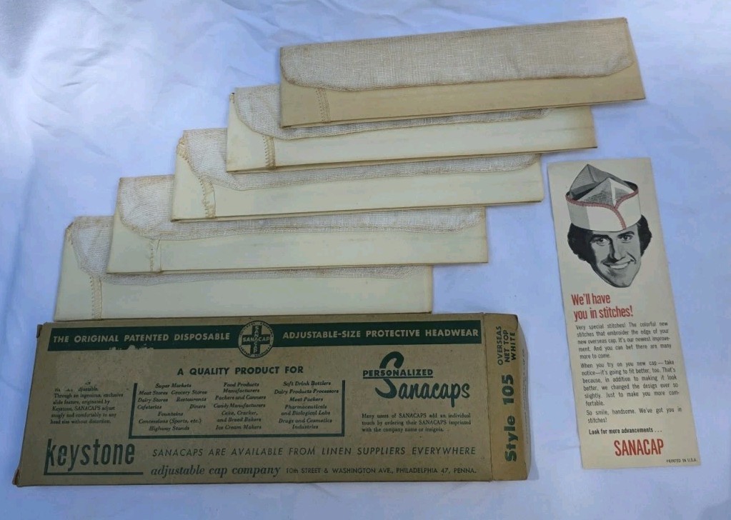 Vtg Keystone Sanacaps Net Top Overseas Cap Box Flyer Military Soda Jerk 1950s