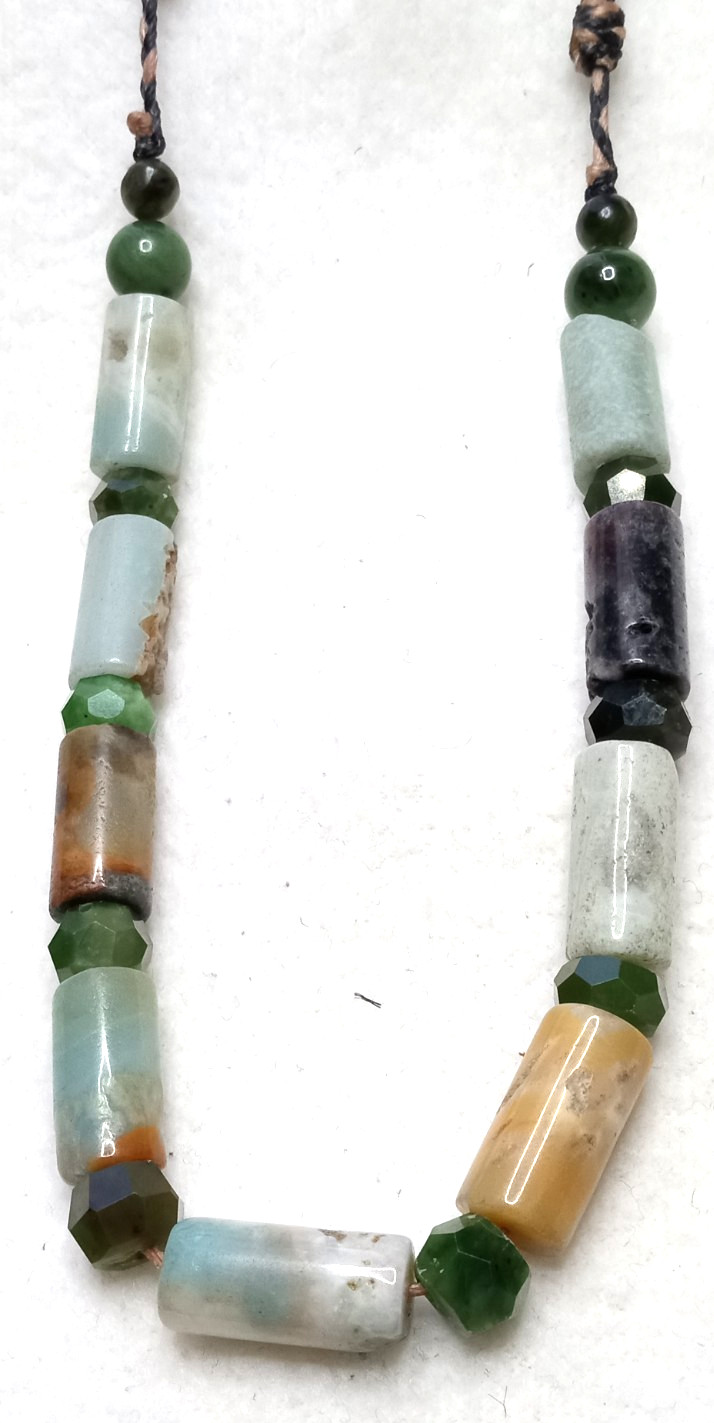 Nephrite Genuine Jade  and Amazonite  tubes, hand Braided Adjustable Necklace
