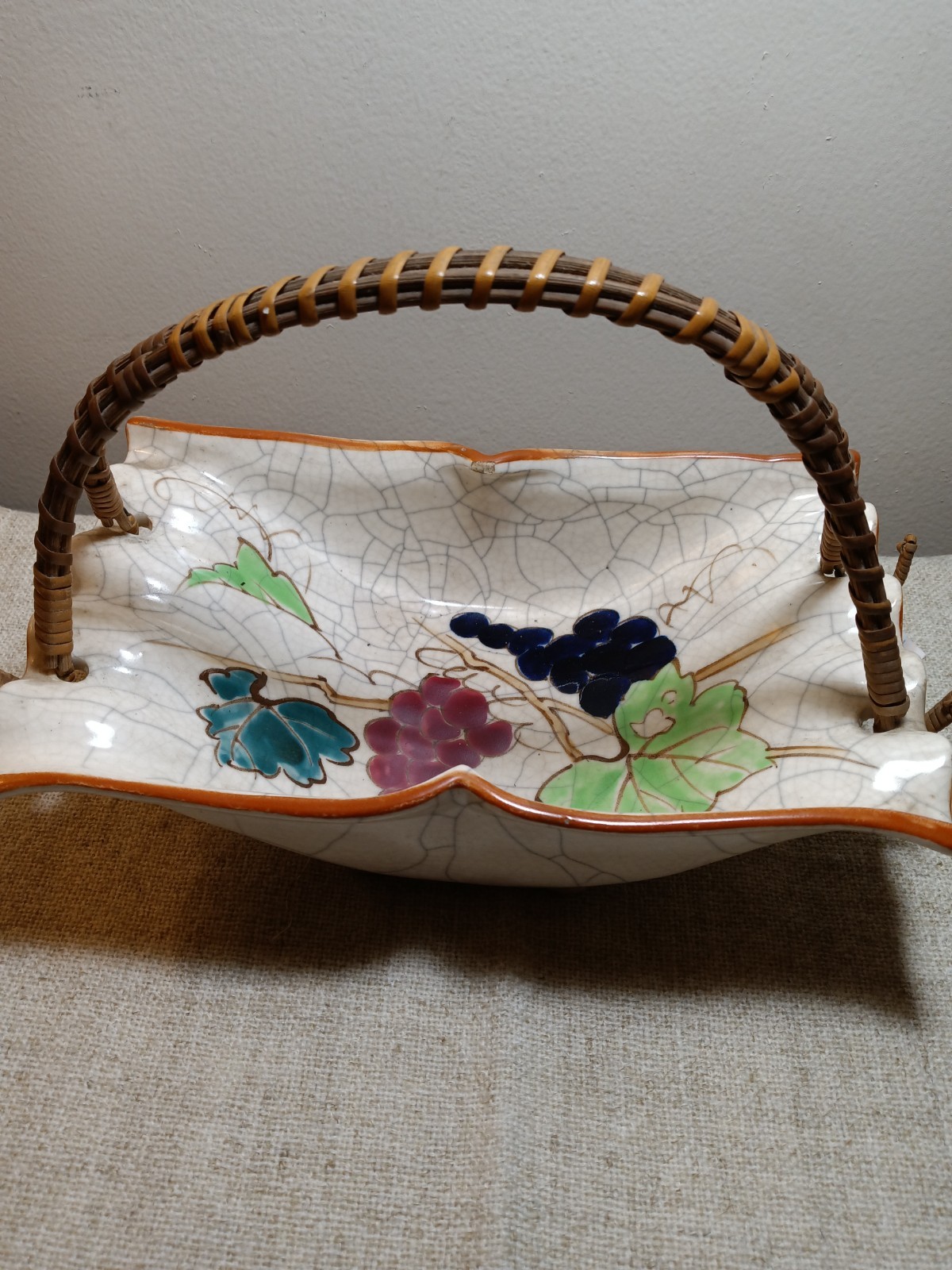 Vintage Ceramic Basket Dish, Crackle Glaze, Rattan Handle, Grapevines, Japan Vintage Ceramic Basket Dish, Crackle Glaze, Rattan Handle, Grapevines, Japan