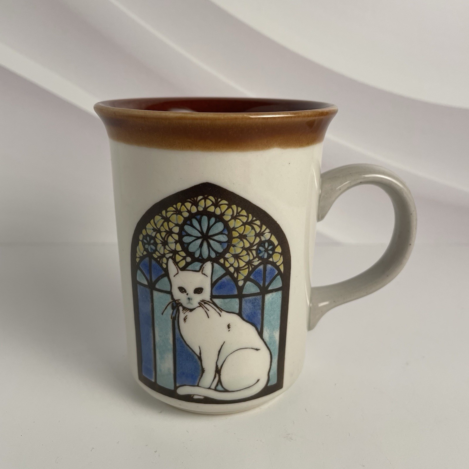 Vintage Otagiri Style Cat and Stained Glass Window Mug Coffee Cup 8oz