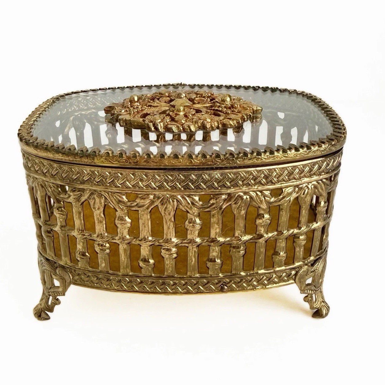 VTG Gold Ormolu Jewelry Casket Box Yellow Velvet Lined Beveled Glass Regency