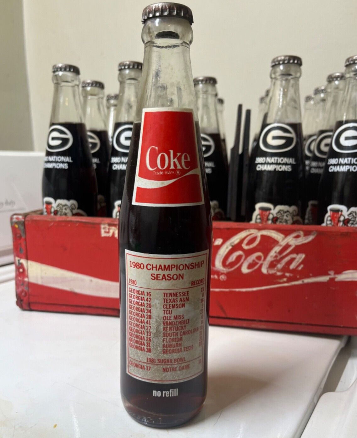 Case 24 pack Coca Cola 1980 Georgia National Champions 10oz Full Soda Bottle