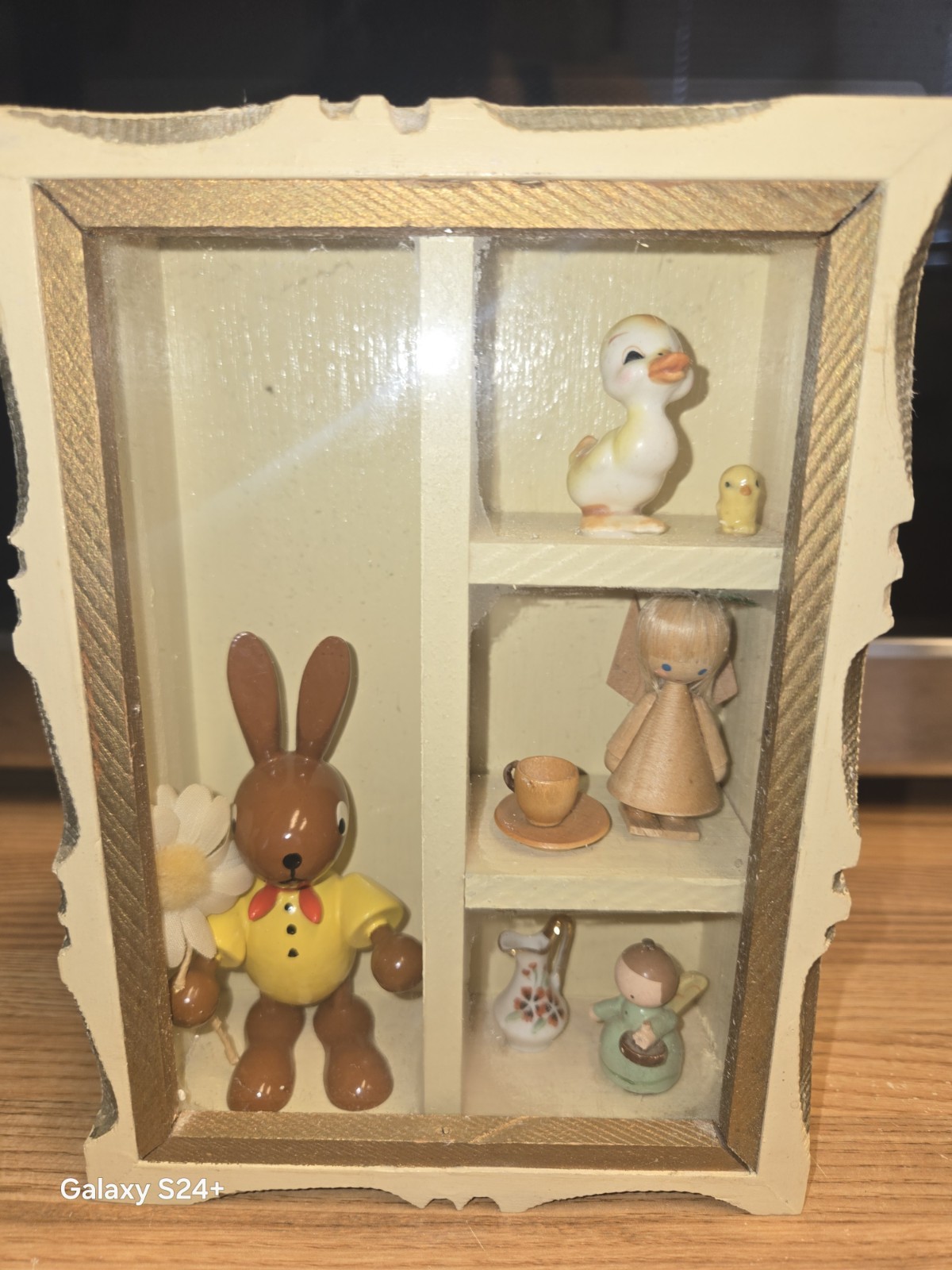 Vintage Miniature Shadow Box Bunny Rabbit Duck Doll Figurines Wood Glass Diorama