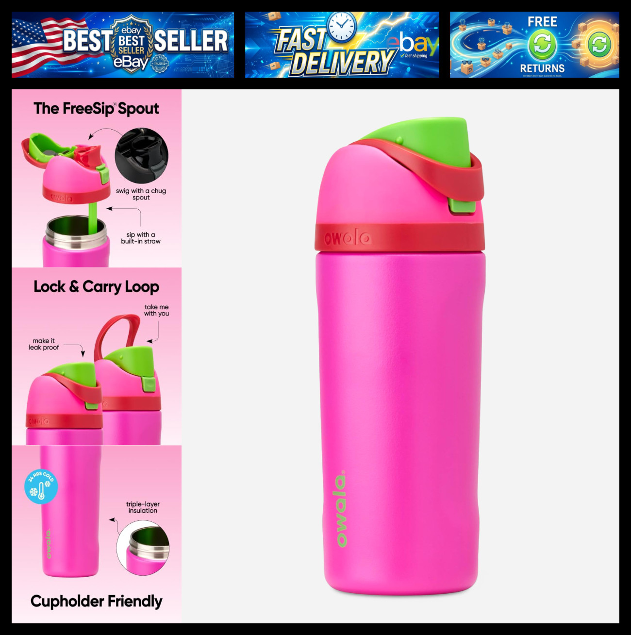 Owala FreeSip Kids Stainless Steel Water Bottle 16 oz All the Berries