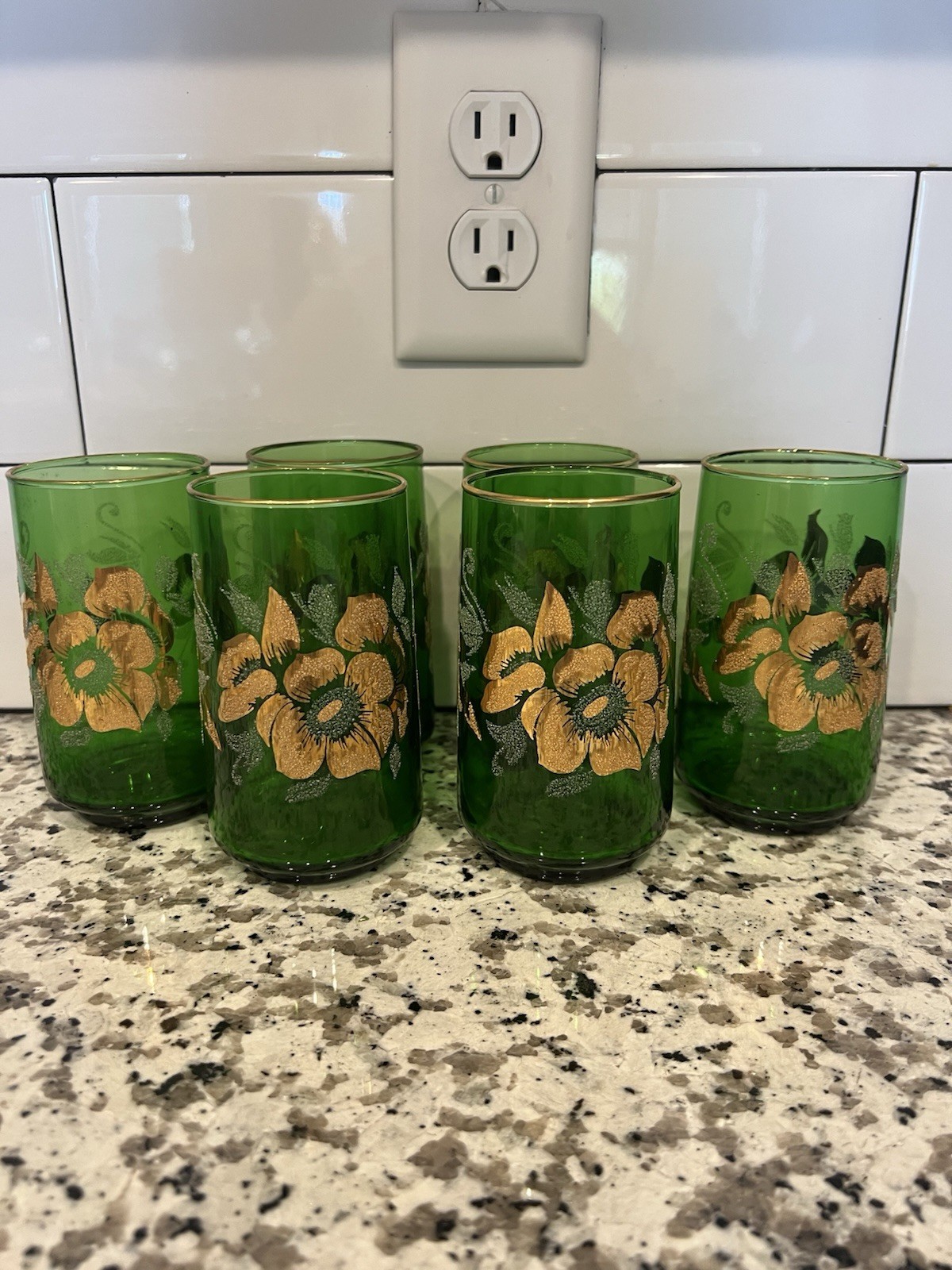 VTG Northwood Oriental Poppy Emerald Green Glass Tumblers Gold Gilt Set of 6 