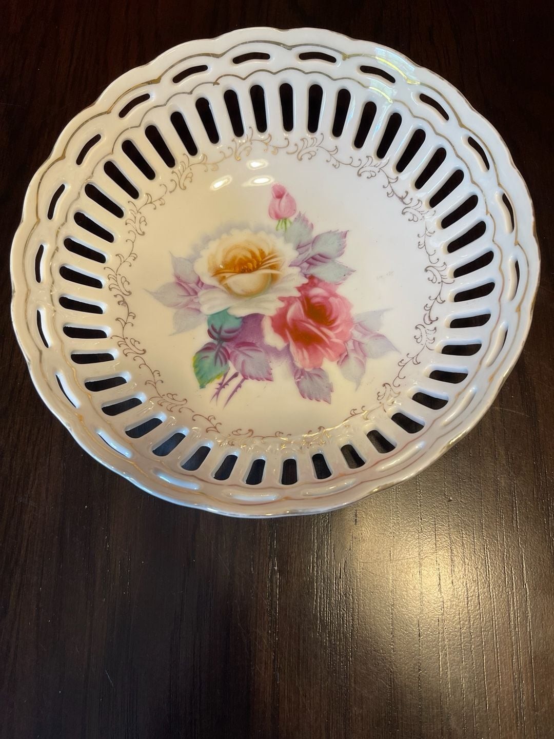 Vintage Hand-Painted Floral Reticulated Porcelain Bowl, Made in Japan