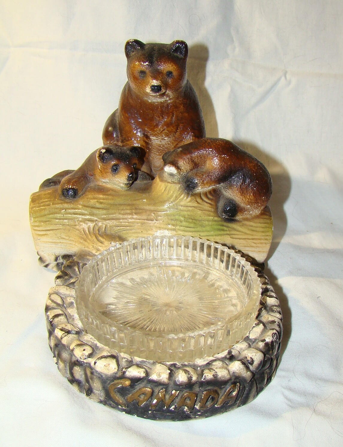 Vtg Chalkware Brown Bear & Cubs on Log Figural Figure Ashtray Canada Souvenir