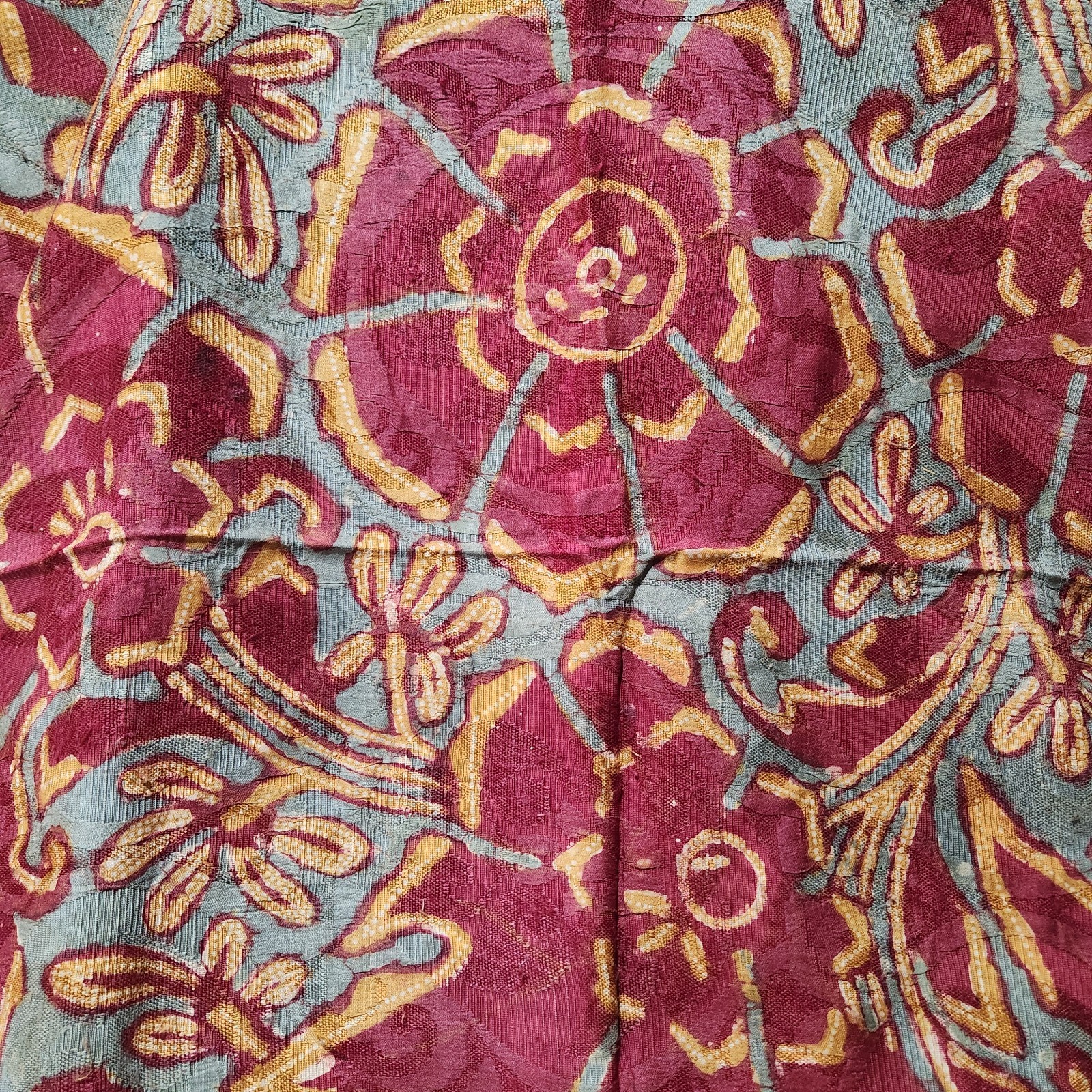 Scalamandre Spice Island Hand Batik 100% Silk Red Gold Grey Sample 44.5x29