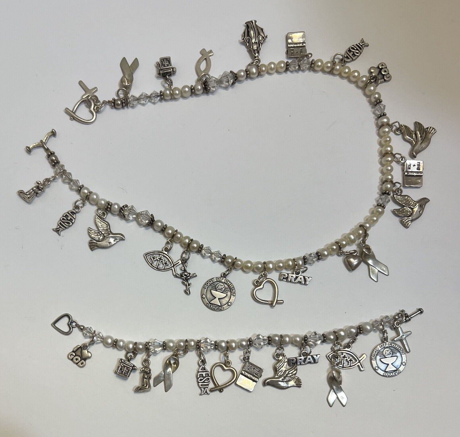 SUNDANCER Jewelry Co SJC Sterling/ Pearl Catholic Charm Necklace Bracelet Set