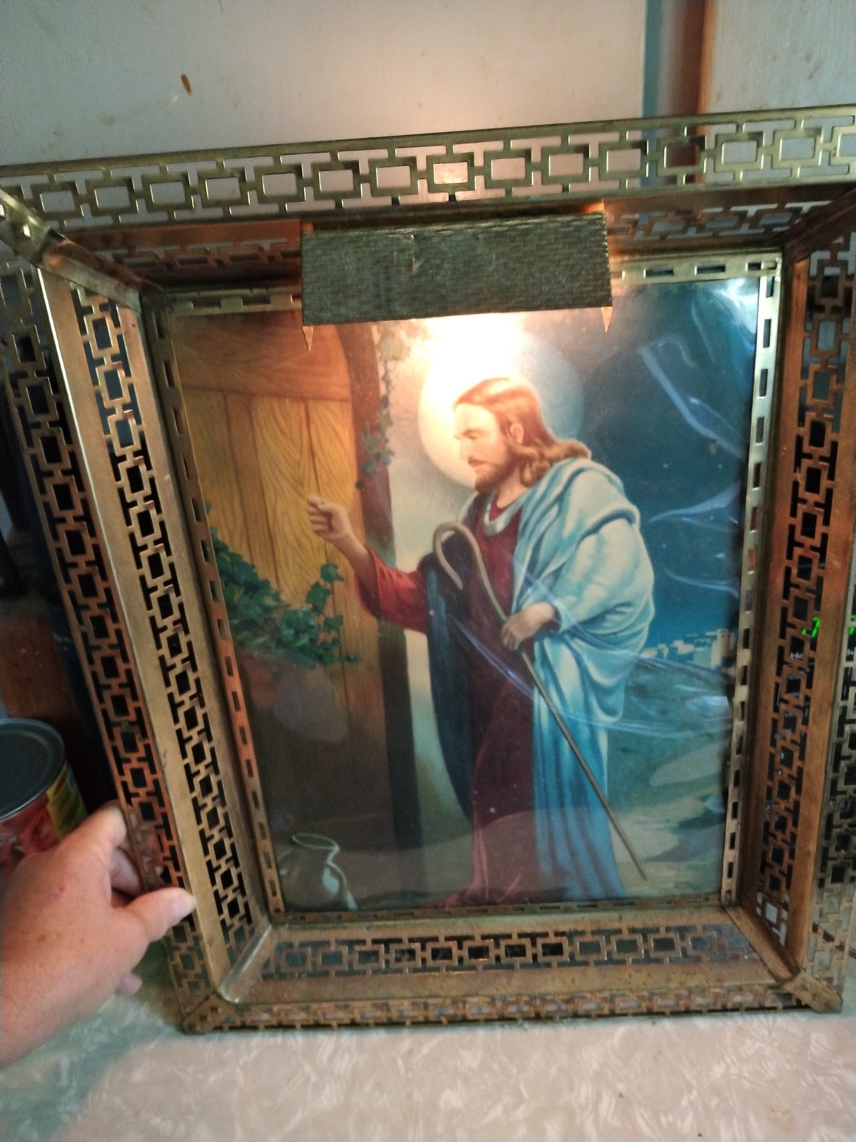 Vintage Metal Filigree 21x17 Lighted Frame of Jesus Knocking at the Door