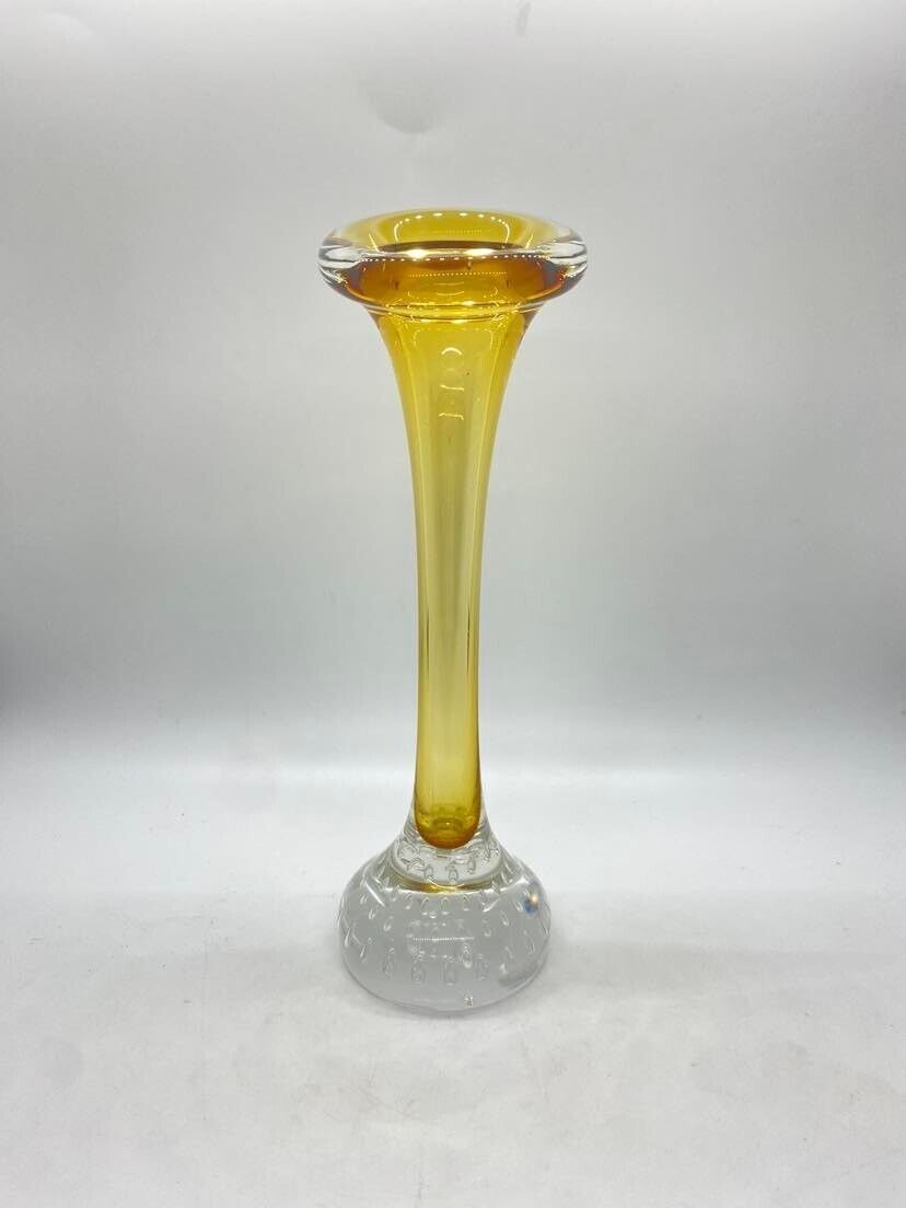 Yellow Amber Art Glass Bud Vase Controlled Bubbles - C4