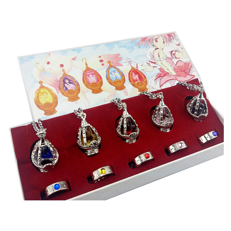 Anime Cosplay Puella Magi Madoka Magica Soul Gem 5 Necklace + 5 Rings With BOX