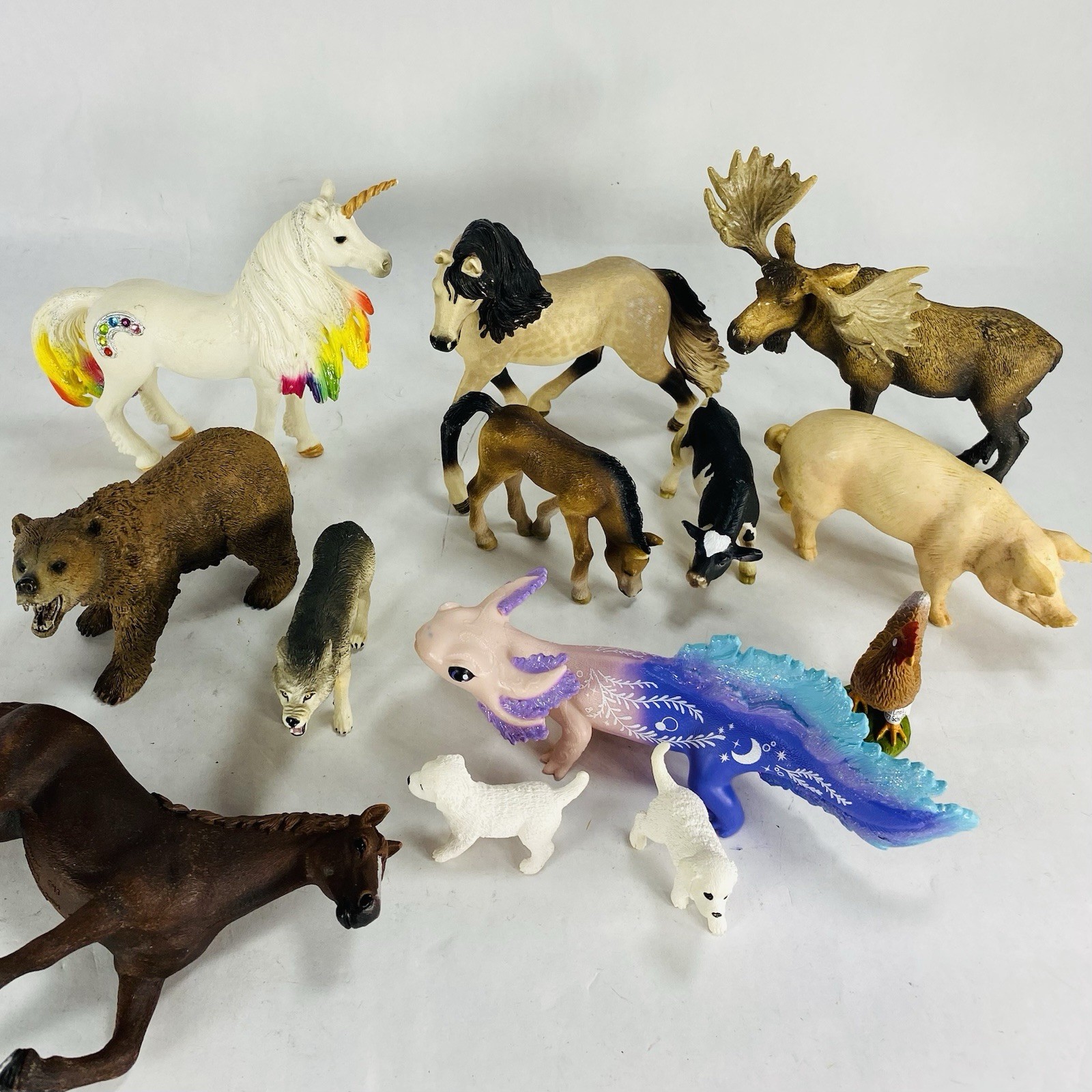 Lot of 12 Various Schleich Animals Horse Moose Unicorn Axolotl Grizzly Bear Dog