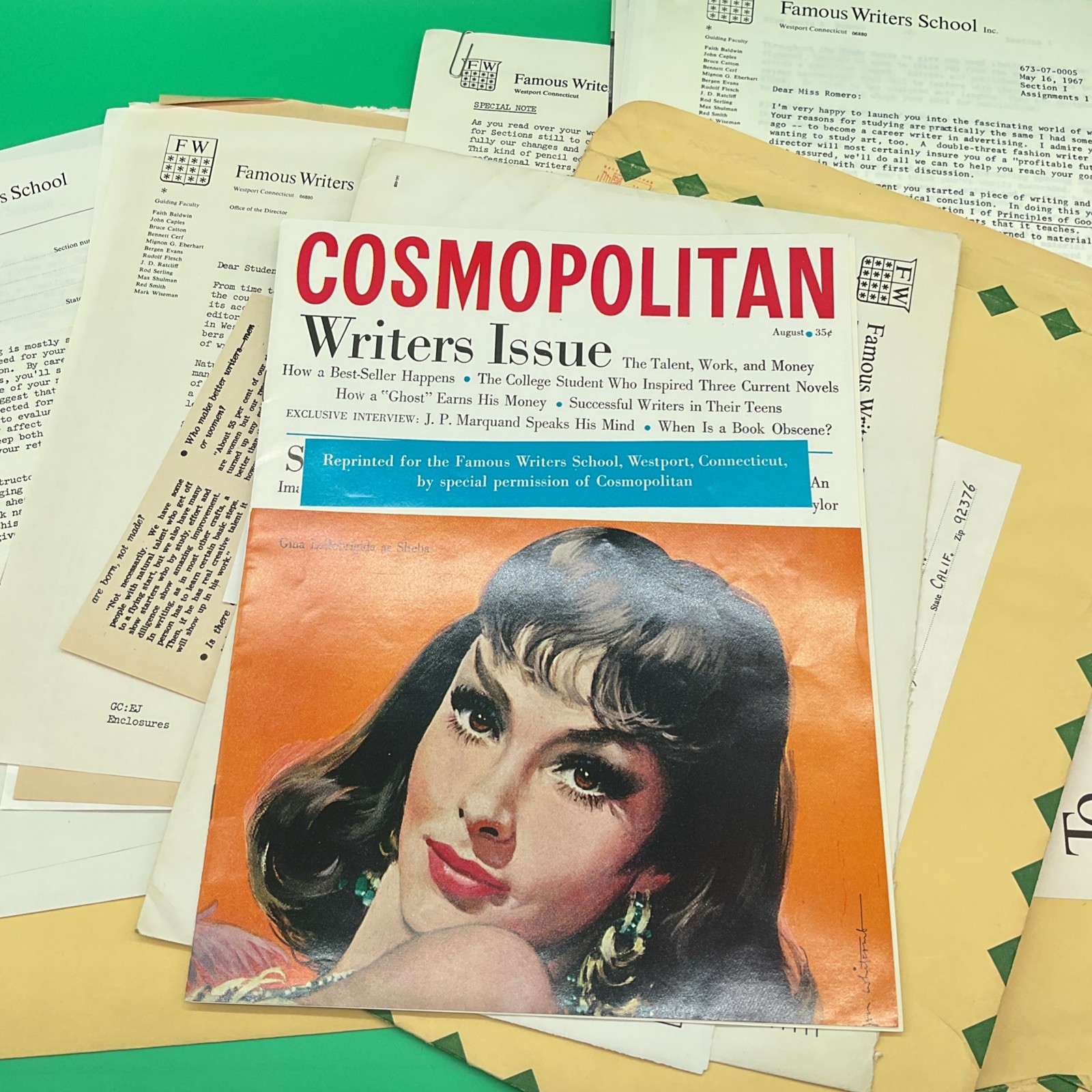 Famous Writers School Correspondence Lot Featuring Cosmopolitan Assignments 60s