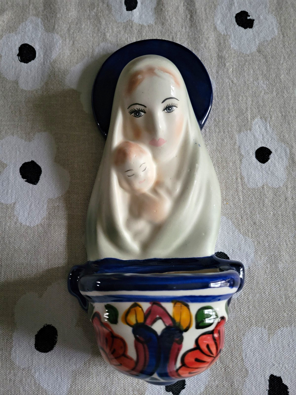 Virgin Mary & Child Ceramic Wall-Mount Holy Water Font Possibly Talavera