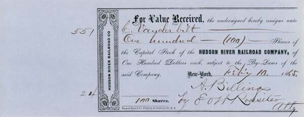 Issued to Commodore Cornelius Vanderbilt - Hudson River Railroad - Stock Certifi