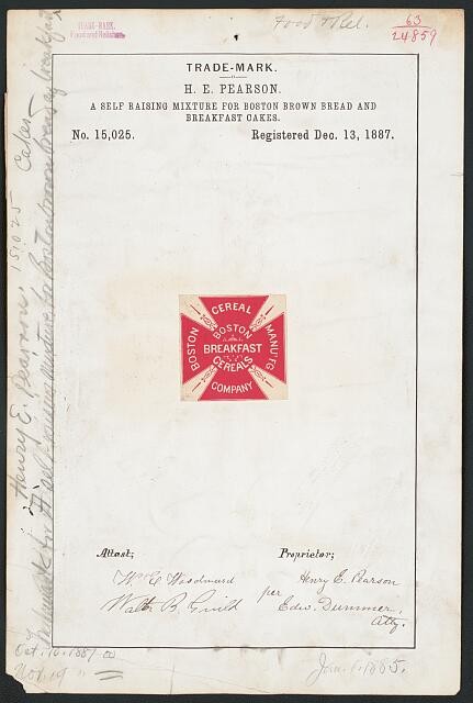 Boston MA 1887 H E Pearson Boston Breakfast Cereals Trademark Registration