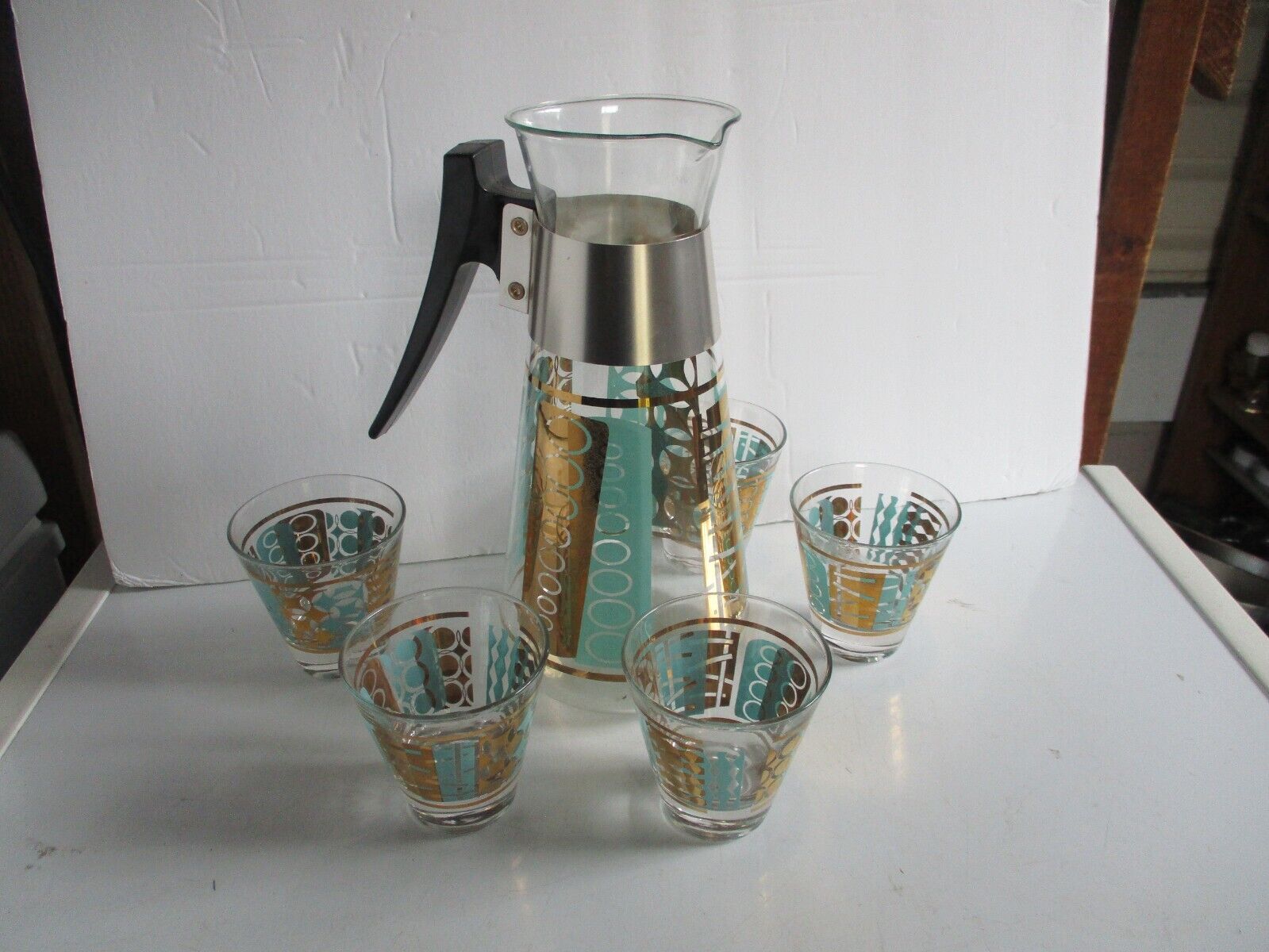 Vintage Colony Turquoise & Gold Glass Cocktail  Carafe & Highball Glasses MCM