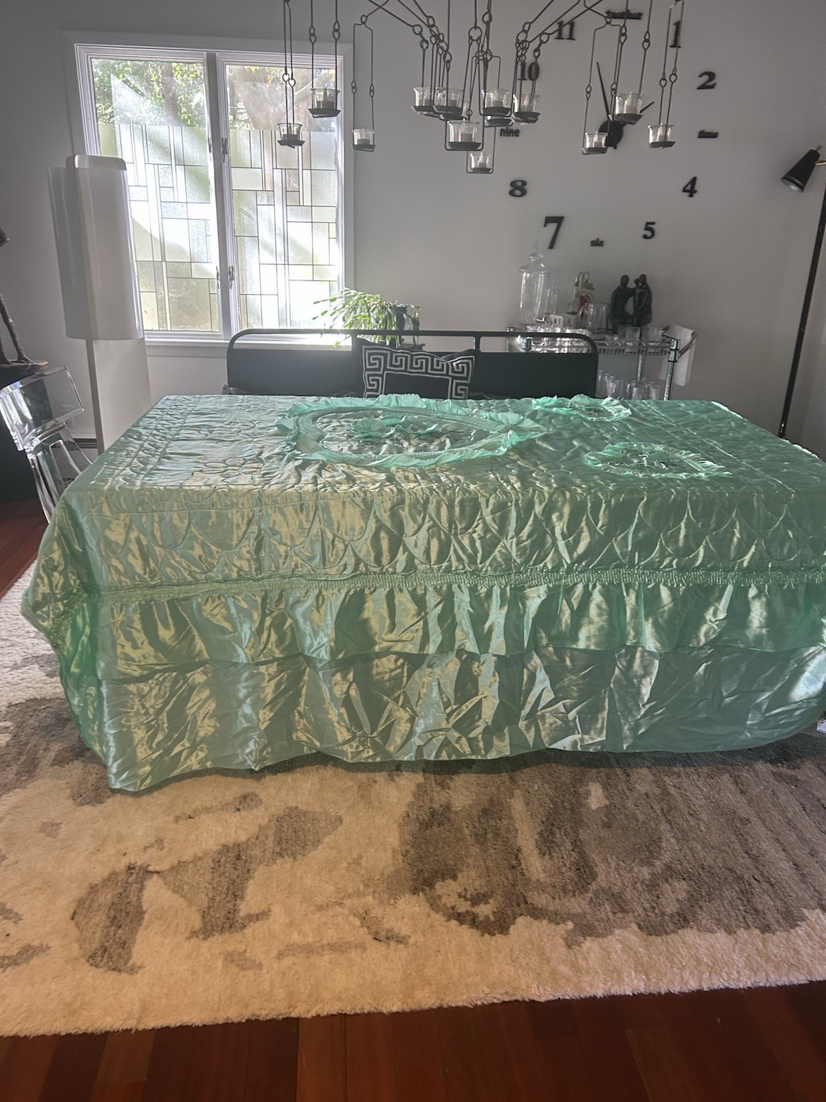 1950’ S  stitched boudoir bedspread GREEN HEARTS. RAREST EVER 💚