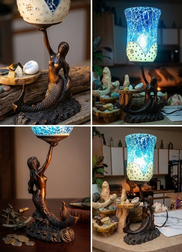 Rare Vintage Art Nouveau Bronze Mermaid Lamp With Custom Curated Glass Shade