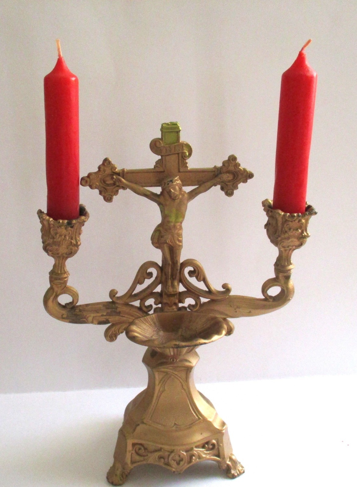 Antique Sick Call  Candelabra Crucifix Holy Water Font Catholic Metal  Reliquary