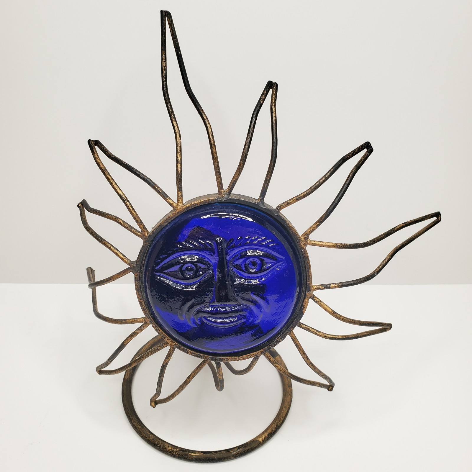 Vintage Cobalt Blue Sun Wrought Iron Candle Holder Glass Face Metal BOHO