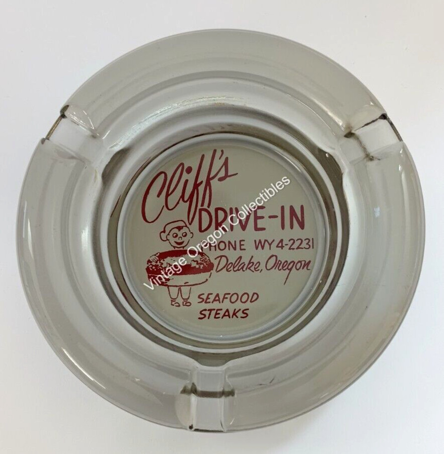 ca. 1950's Cliff's Drive in Restaurant Glass Ashtray Delake Oregon OR