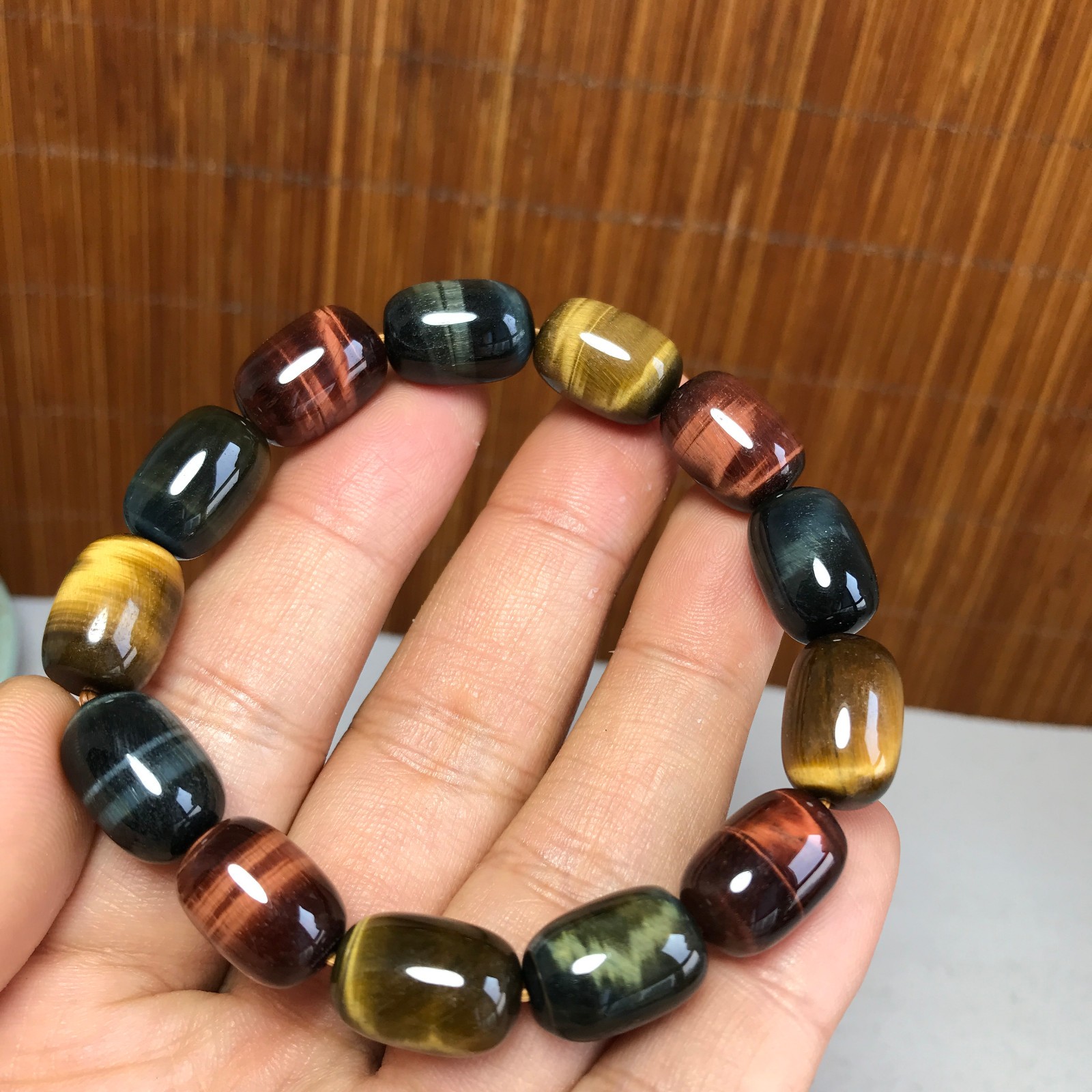 Lady Natural Mixed Tiger\'s Eye Barrel Bead Stretch Bracelet Crystal Wristband 12