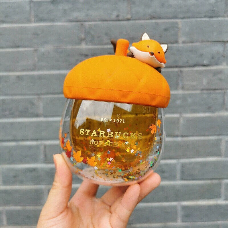 Starbucks Autumn Maple leaf Cute Fox Glass Coffee Mug Double Wall Cup 8OZ