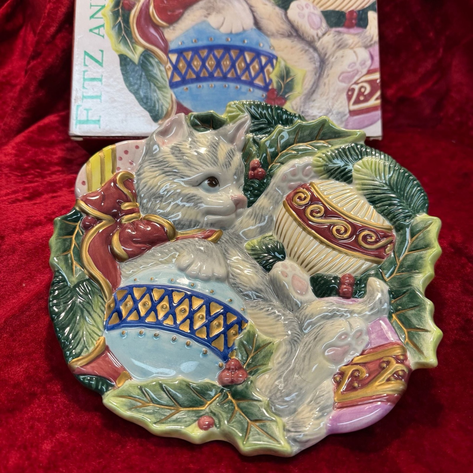 Vintage 2003 Fitz & Floyd Kristmas Kitty Christmas Cat Canape Plate w/ Box