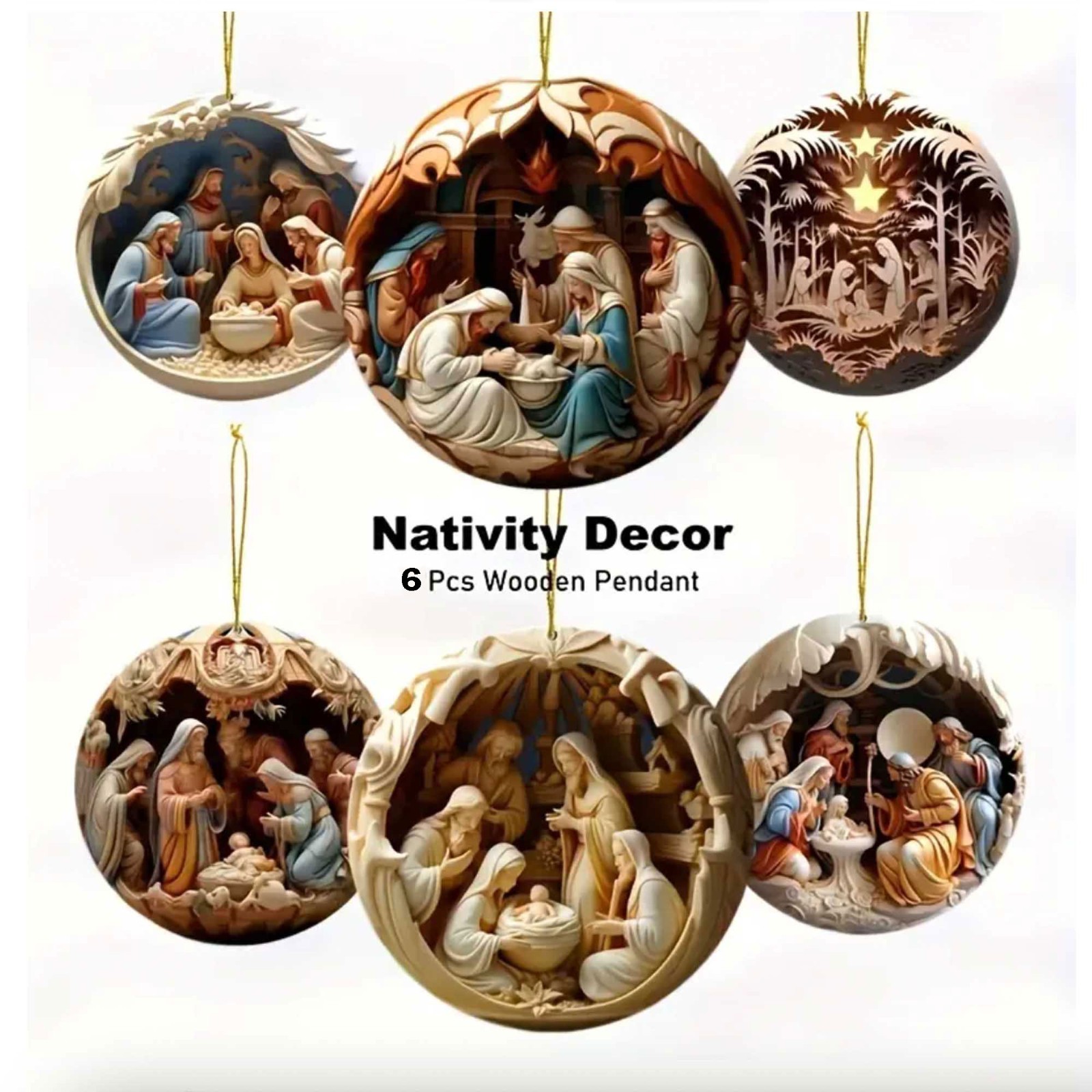 6 pcs Vintage Birth of Jesus, Handcrafted 2D Hanging Christmas Ornaments Decor