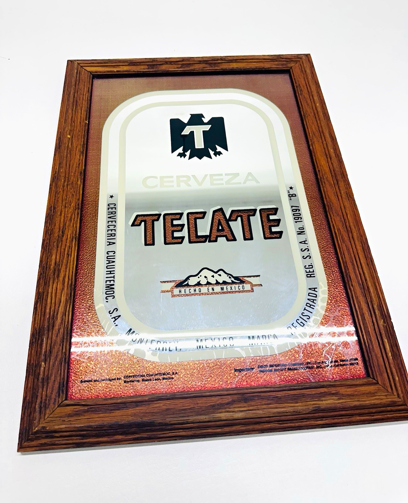 Tecate Cerveza Mexico Vintage Beer Advertising Mirror Sign Oak Frame