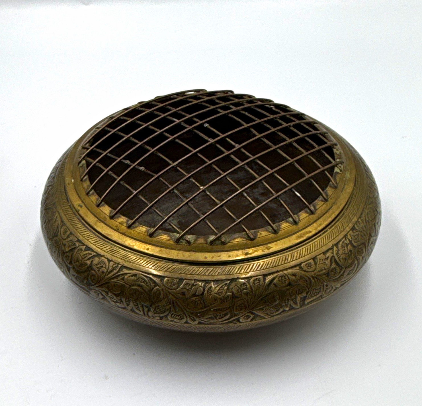 Vintage Etched Brass Flower Frog Bowl - Removable Domed Wire Grid Vintage Etched Brass Flower Frog Bowl - Removable Domed Wire Grid