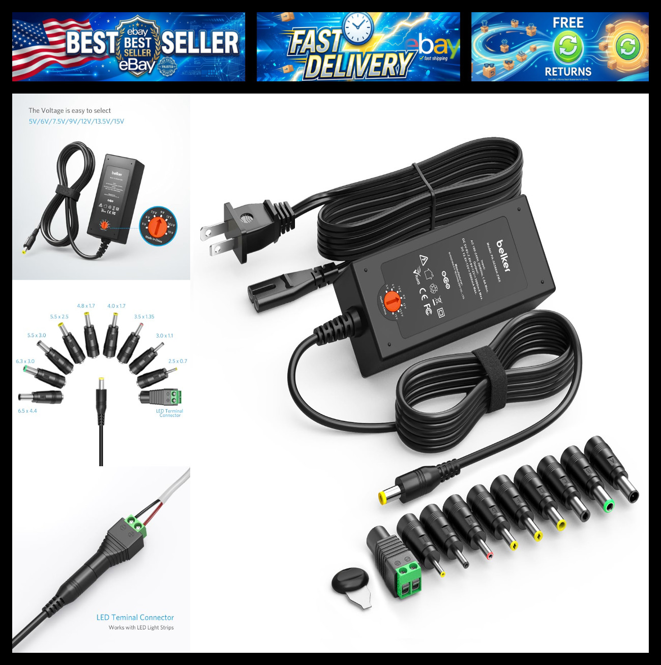 Belker 45W Universal 5V 6V 7.5V 9V 12V 13.5V 15V AC DC Adapter Power Supply for