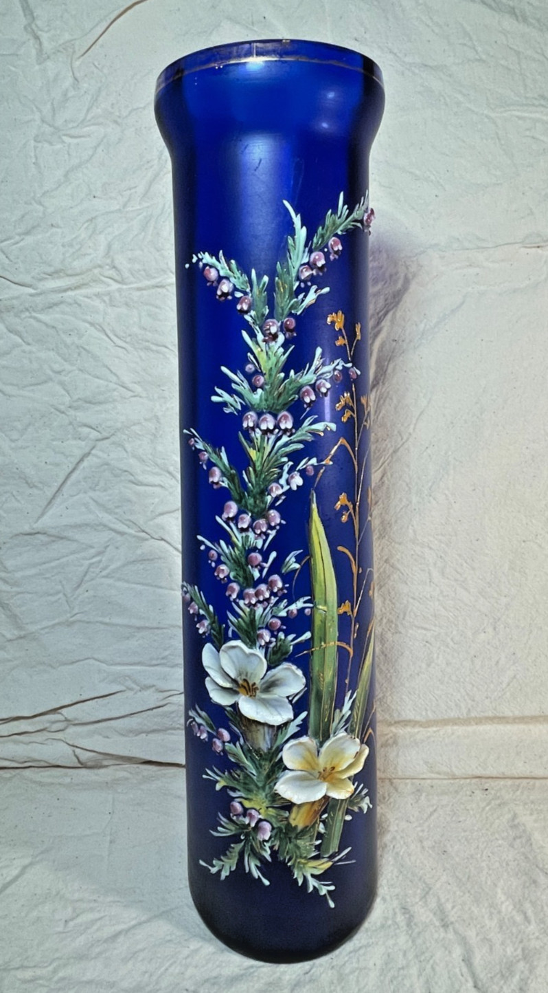 Presumed Legras Cobalt Vase Antique High Relief Enamel Floral Vase 14.25\