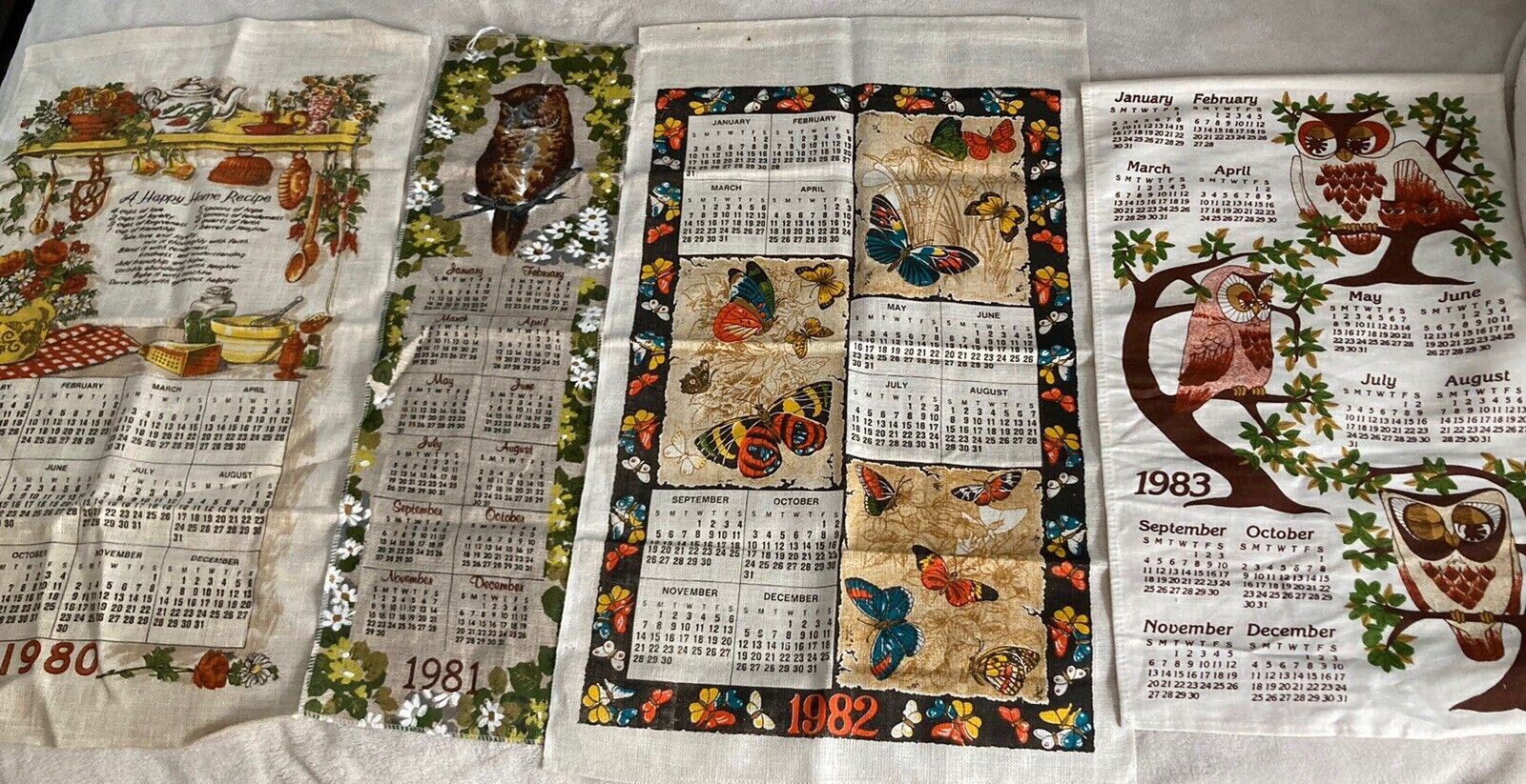 Vtg 1980 1981 1982 Or 1983 Owl Butterfly Etc. Calendar Wall / Tea Towel choice